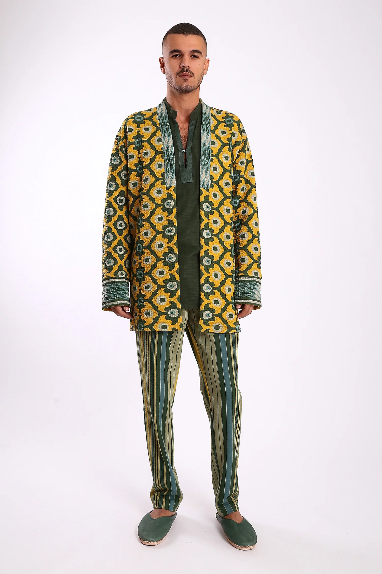 Jacket in printed quilted cotton blend with pockets