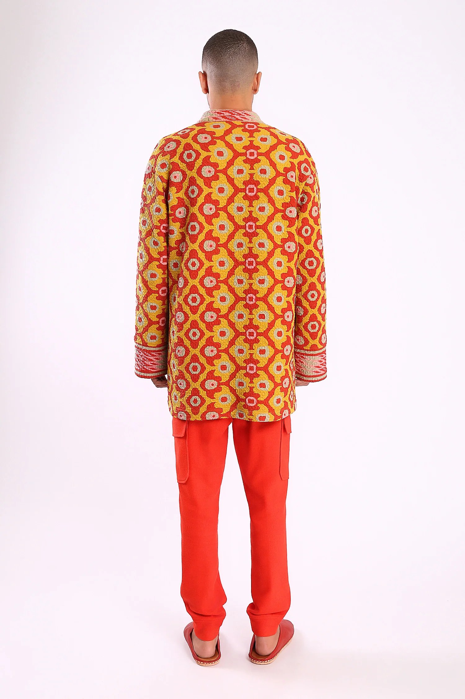 Jacket in printed quilted cotton blend with pockets
