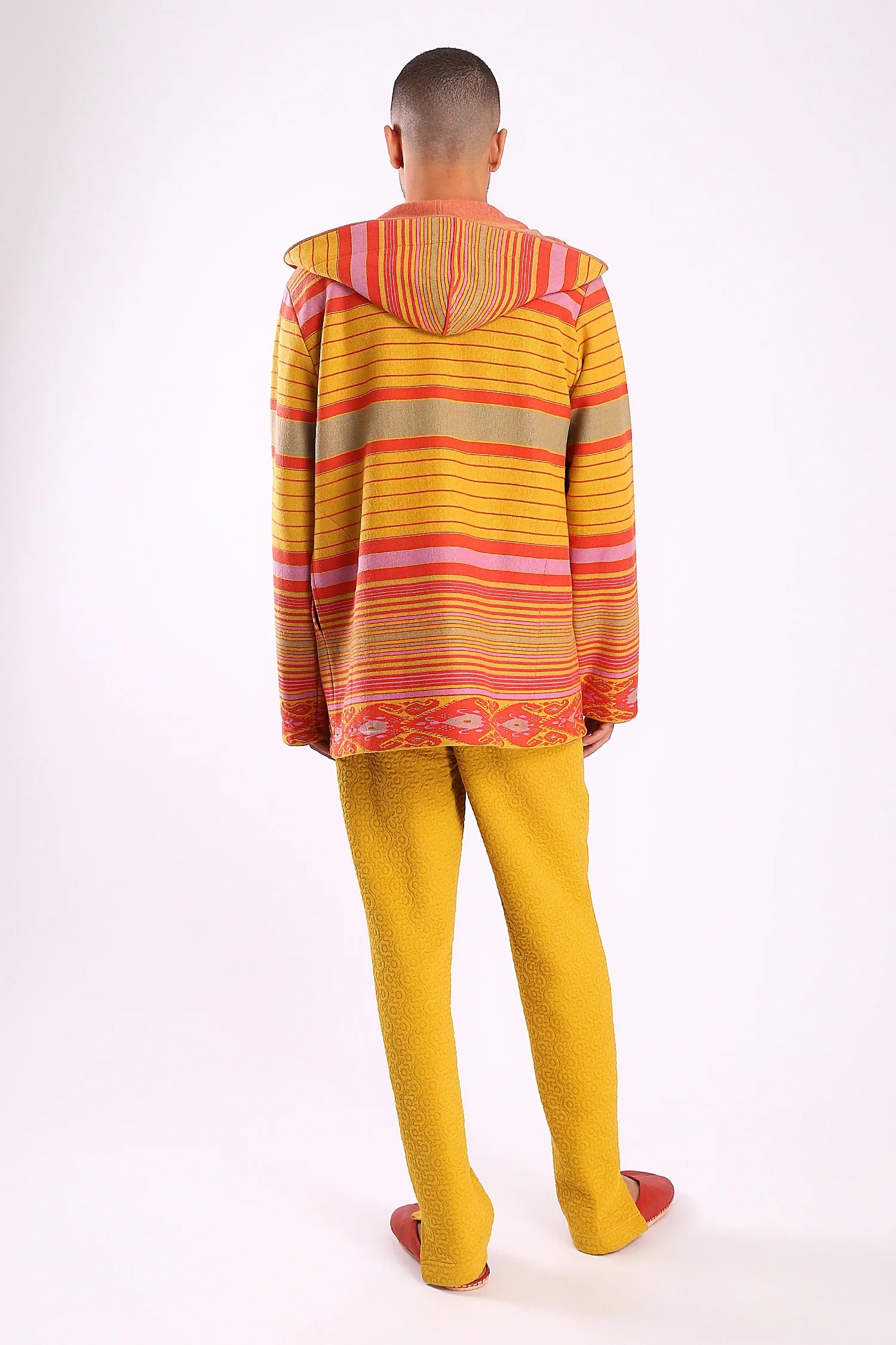 Jacket in striped jacquard cotton blend with hoodie
