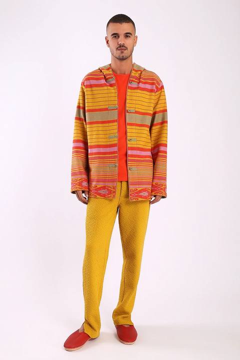 Jacket in striped jacquard cotton blend with hoodie