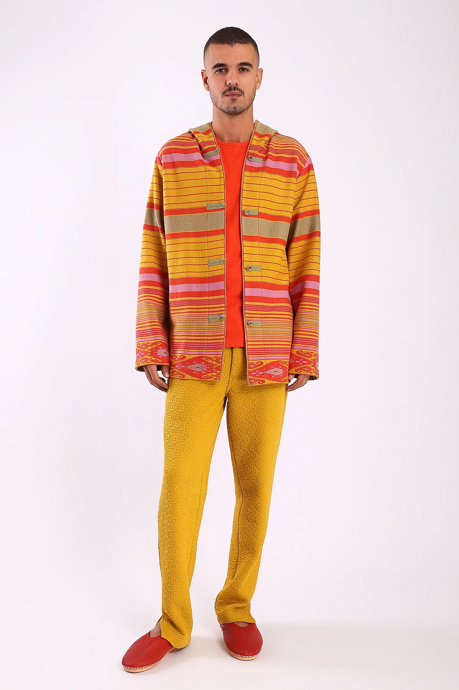 Jacket in striped jacquard cotton blend with hoodie