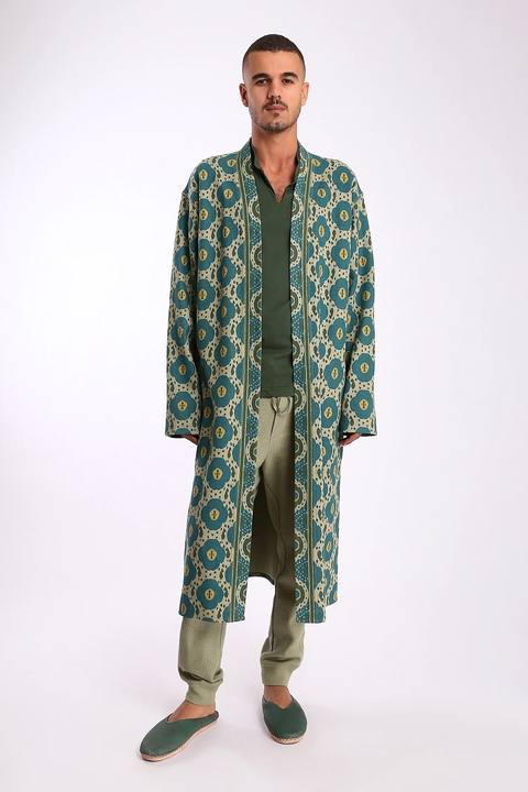 Long coat in printed faux cashmere cotton blend with pockets