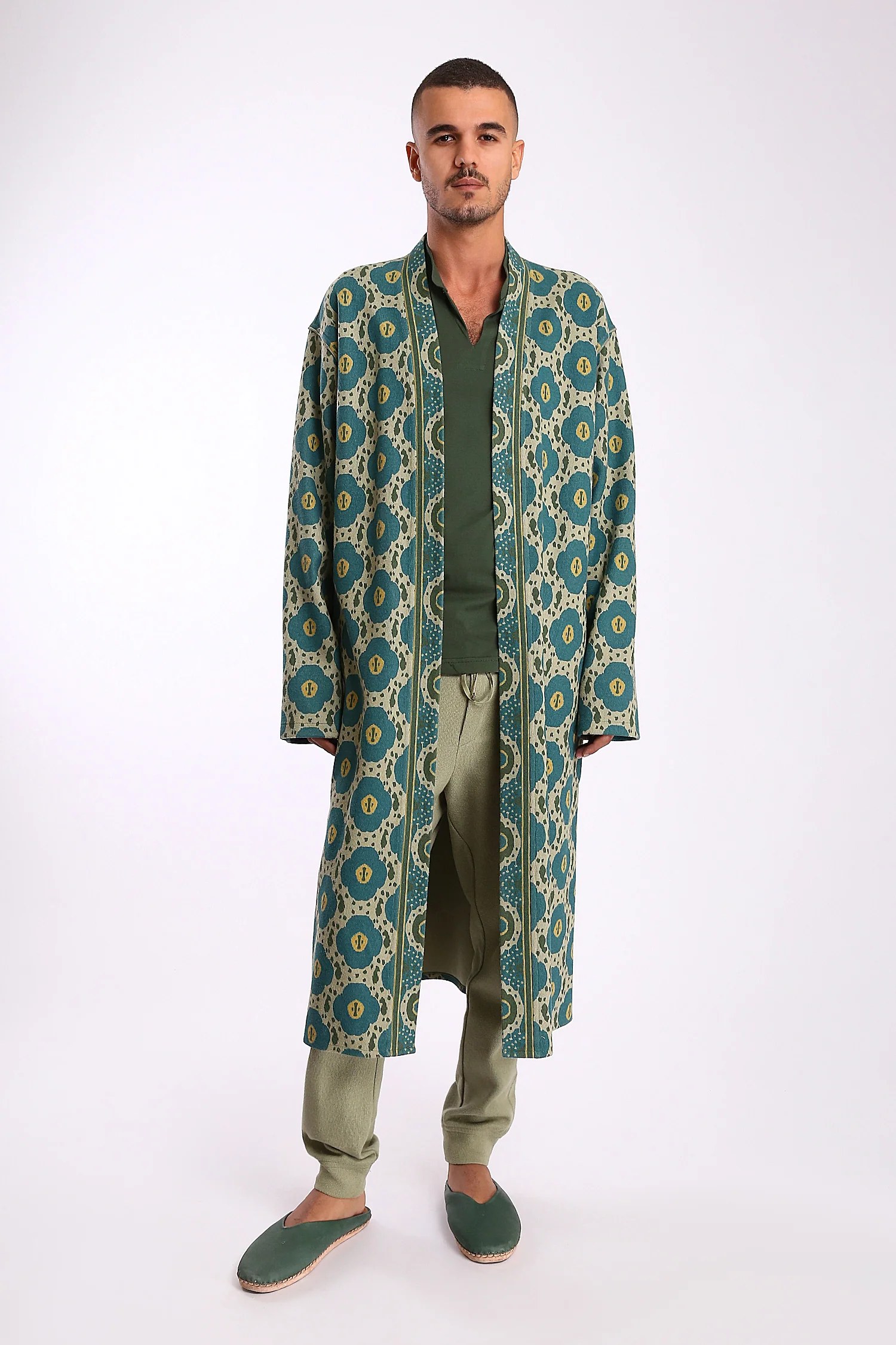 Long coat in printed faux cashmere cotton blend with pockets