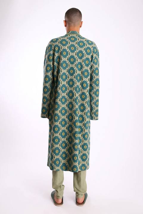 Long coat in printed faux cashmere cotton blend with pockets