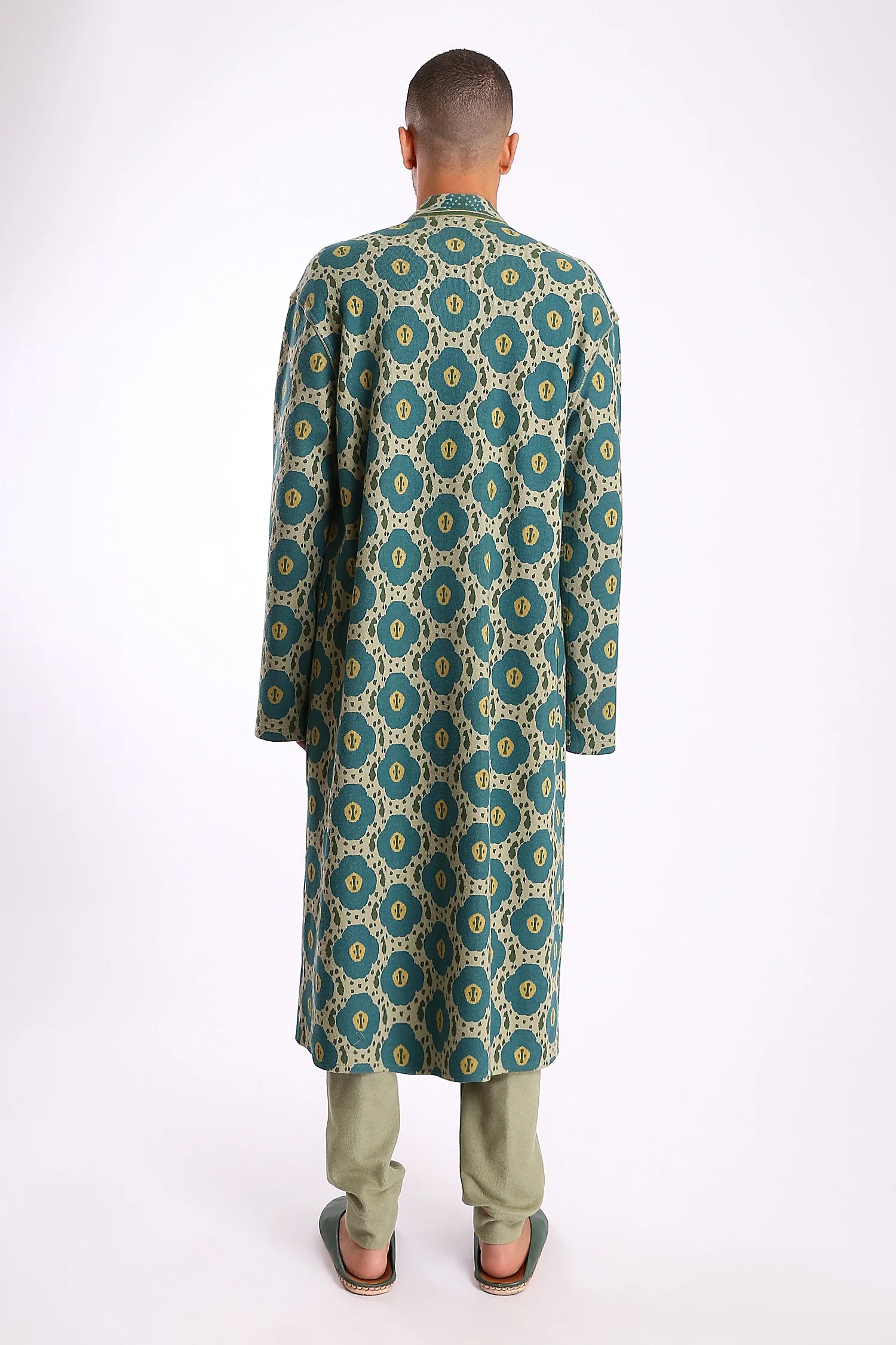 Long coat in printed faux cashmere cotton blend with pockets