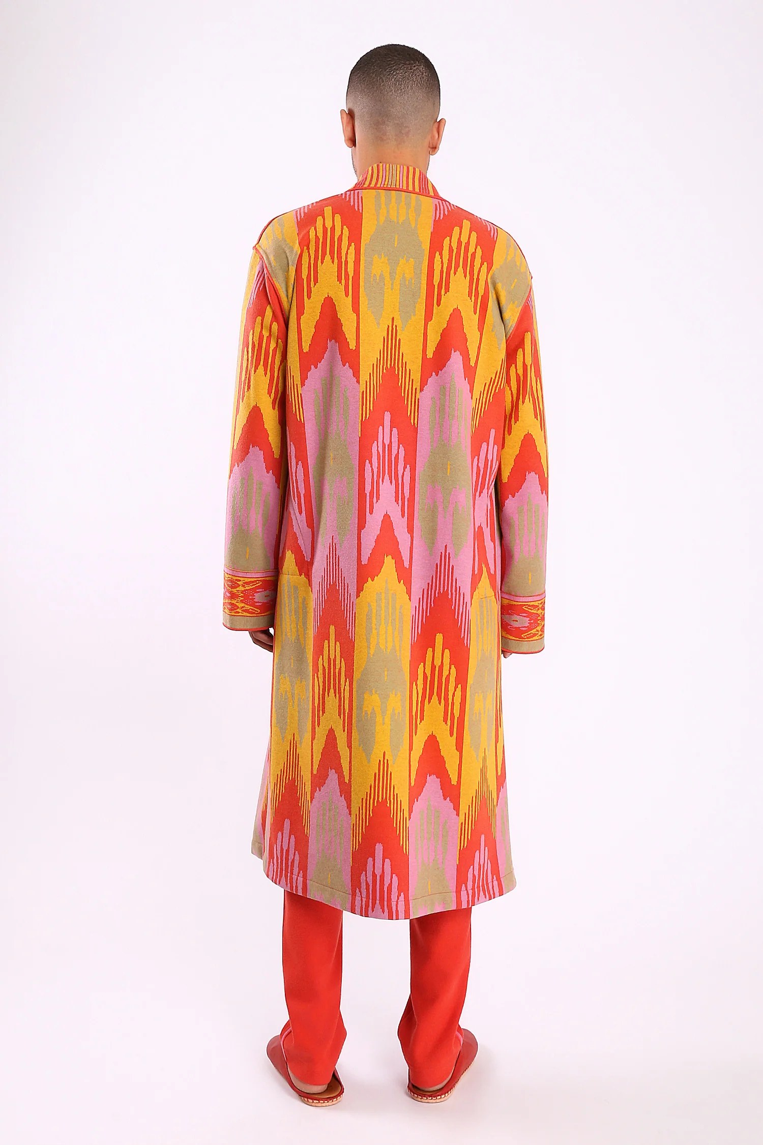 Long coat in cotton blend patterned jacquard
