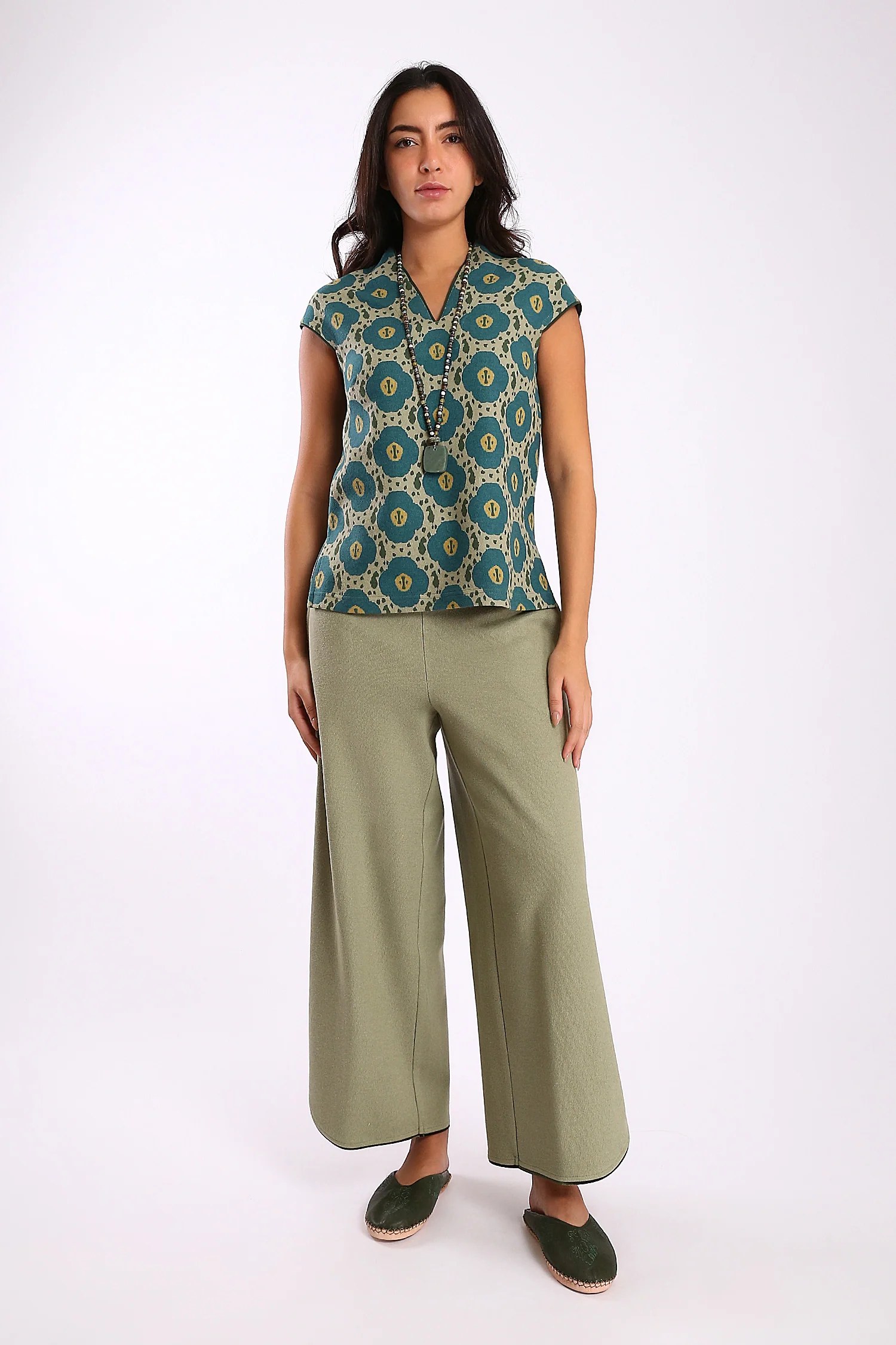 Short sleeves top in printed cotton blend cashmere
