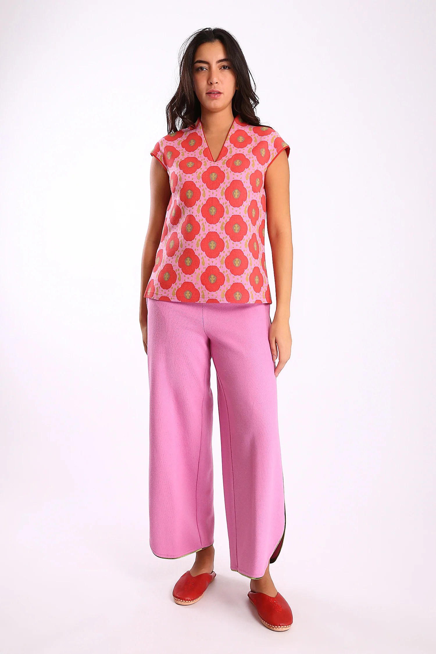 Short sleeves top in printed cotton blend cashmere