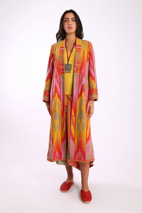 Reversible long coat in cotton blend patterned jacquard