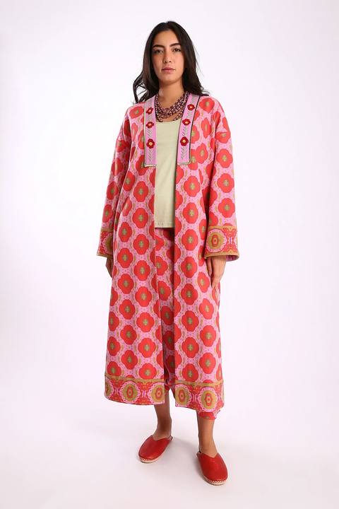 Long printed coat in cotton and viscose cashmere with pockets