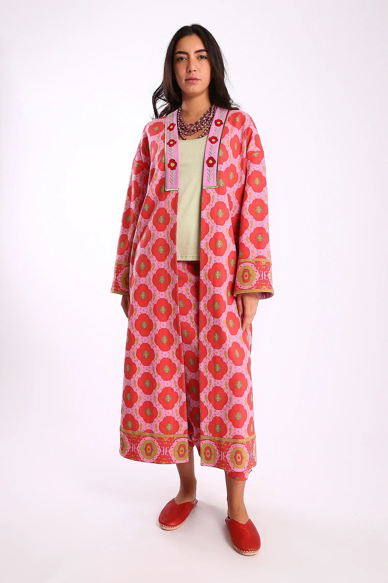 Long printed coat in cotton and viscose cashmere with pockets