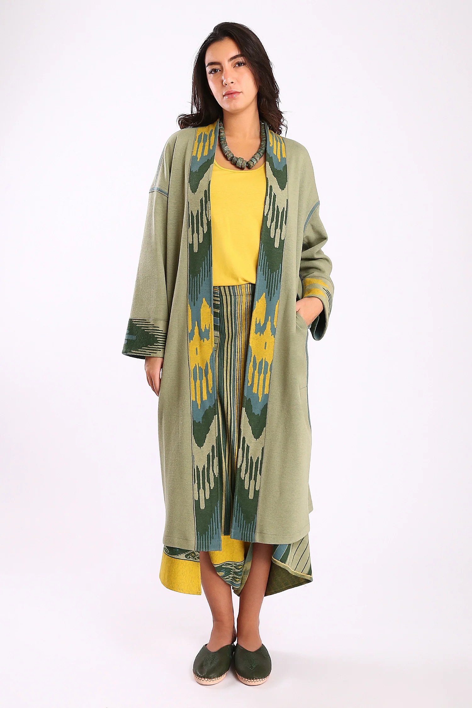 Reversible long coat in cotton blend jacquard with pockets