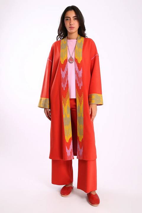 Reversible long coat in cotton blend jacquard with pockets