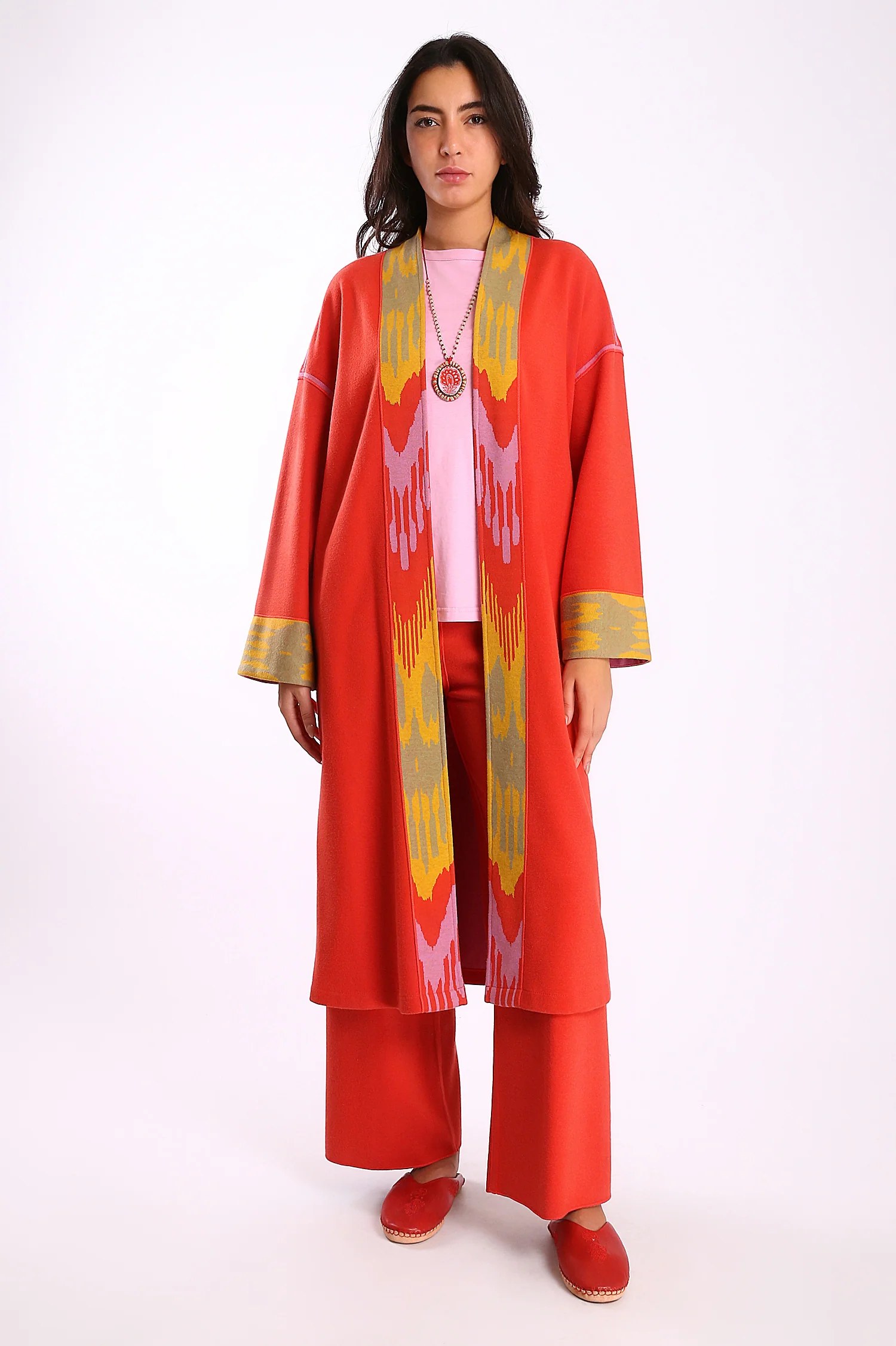 Reversible long coat in cotton blend jacquard with pockets