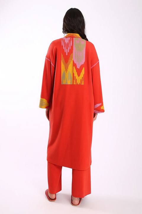 Reversible long coat in cotton blend jacquard with pockets