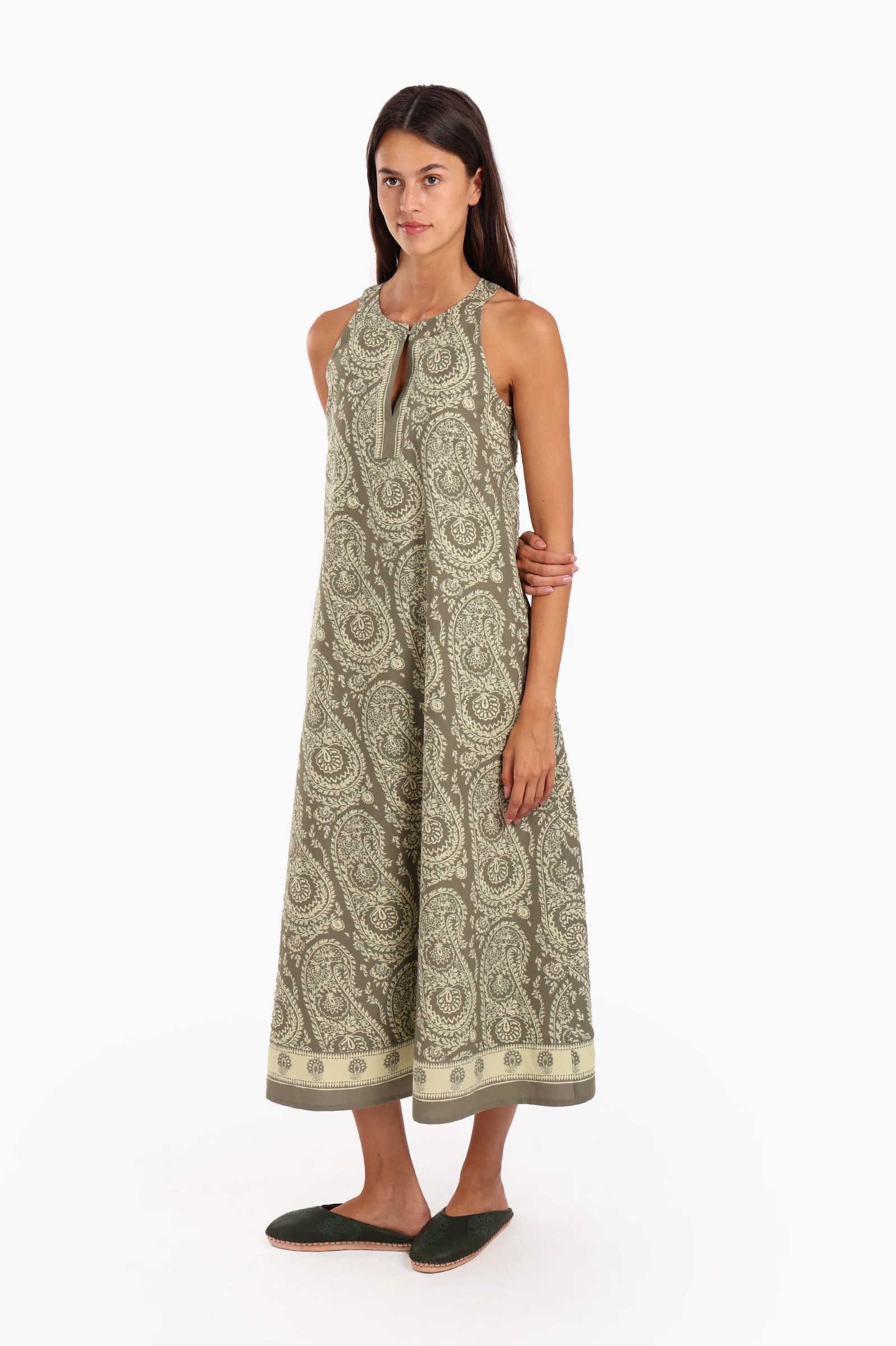 Long A-line sleeveless dress in printed Egyptian cotton