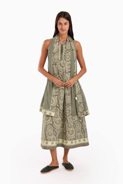 Long A-line sleeveless dress in printed Egyptian cotton