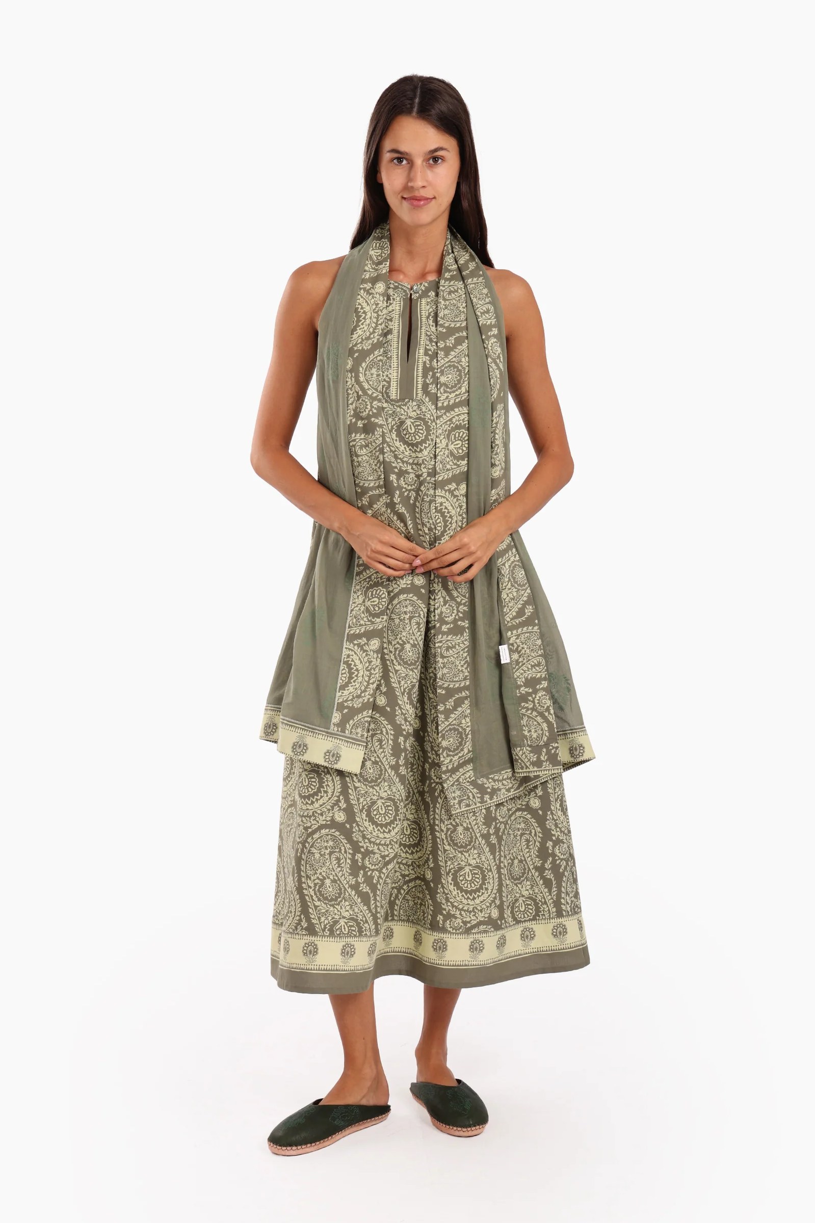 Long A-line sleeveless dress in printed Egyptian cotton
