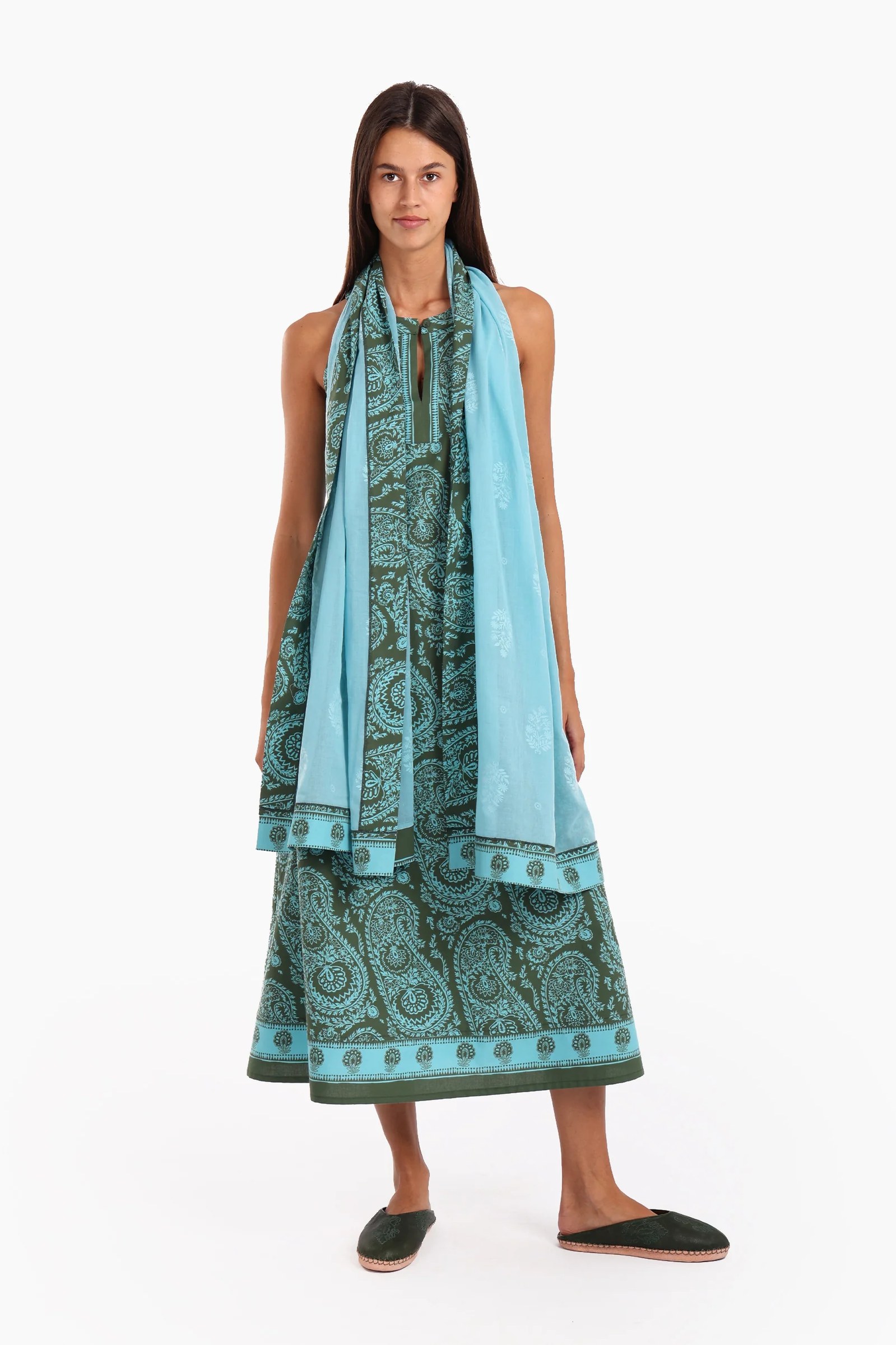 Long A-line sleeveless dress in printed Egyptian cotton
