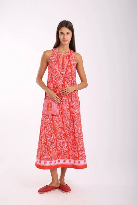 Long A-line sleeveless dress in printed Egyptian cotton