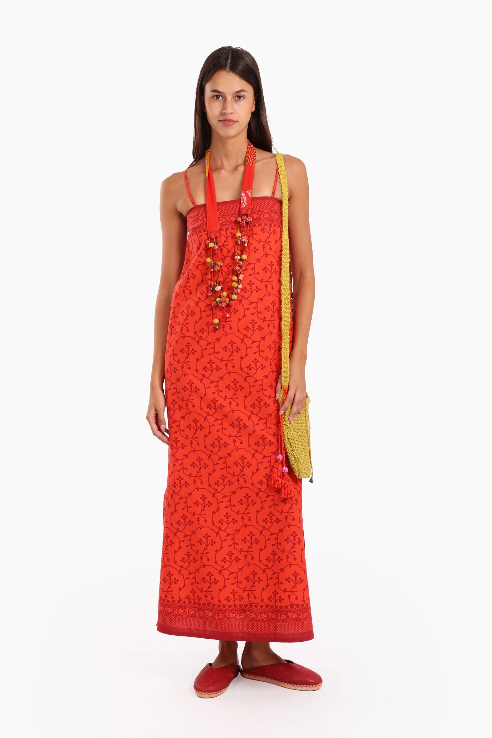 Sleeveless long dress in printed Egyptian cotton