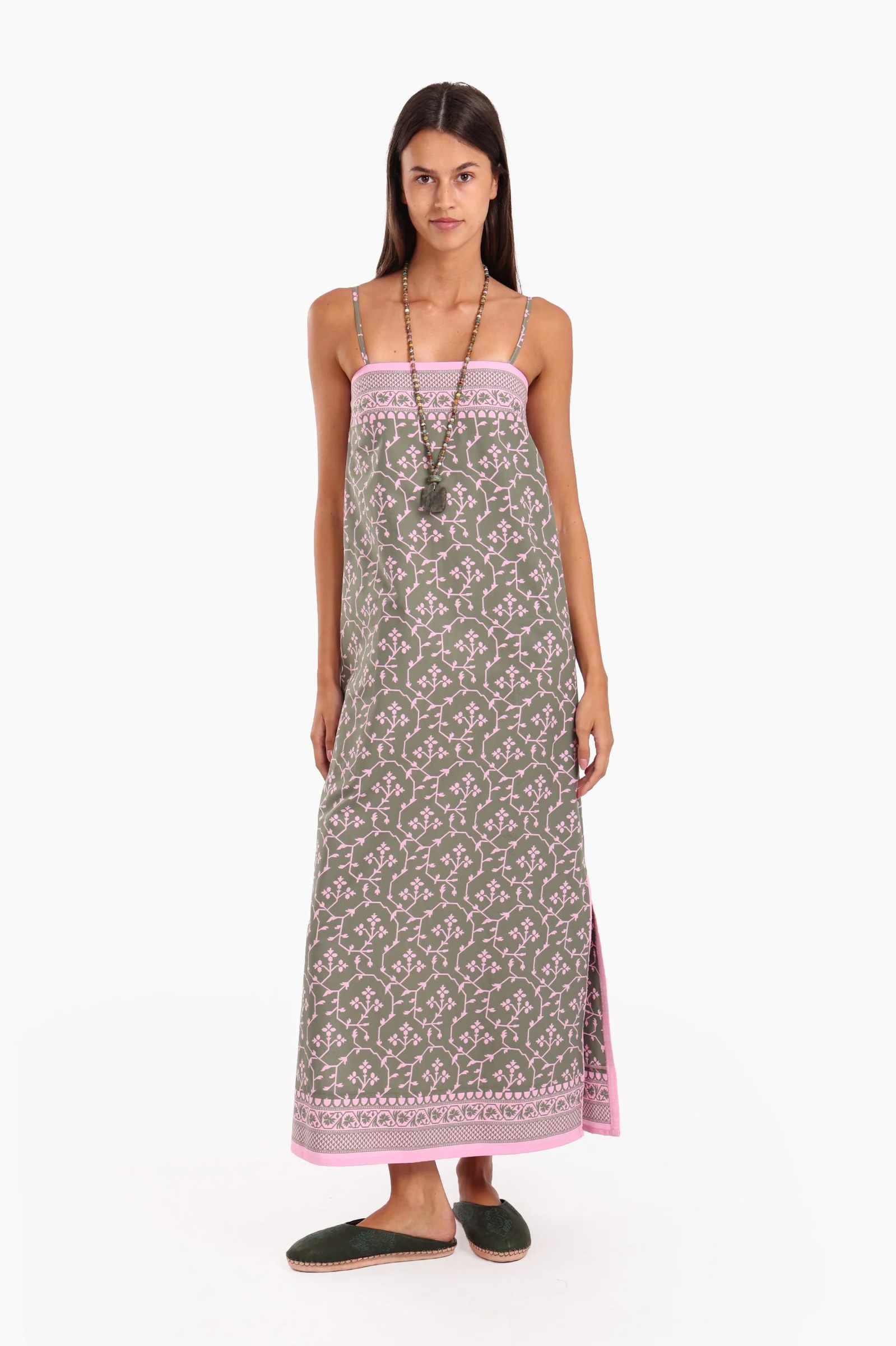Sleeveless long dress in printed Egyptian cotton