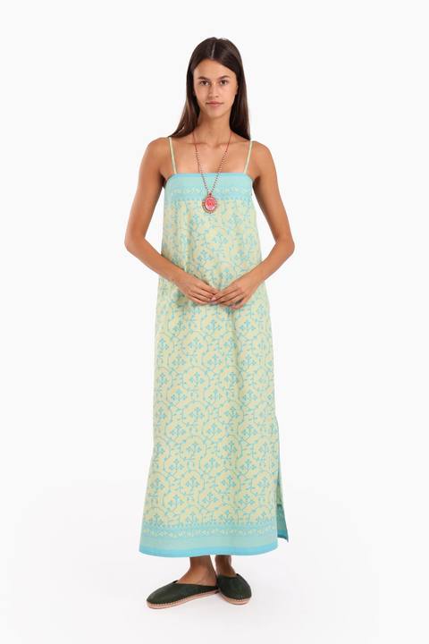 Sleeveless long dress in printed Egyptian cotton