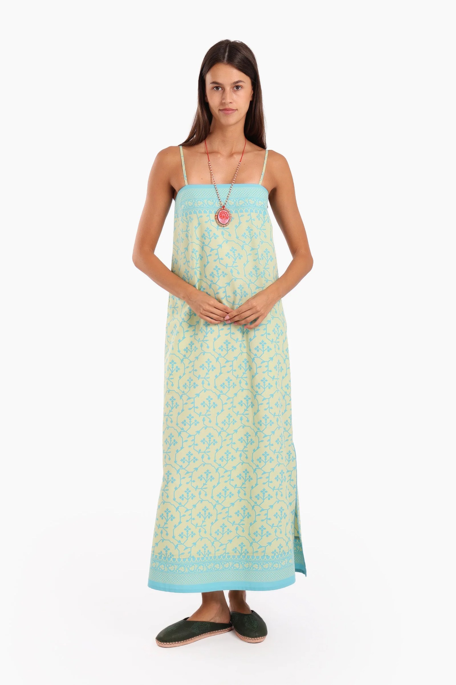 Sleeveless long dress in printed Egyptian cotton