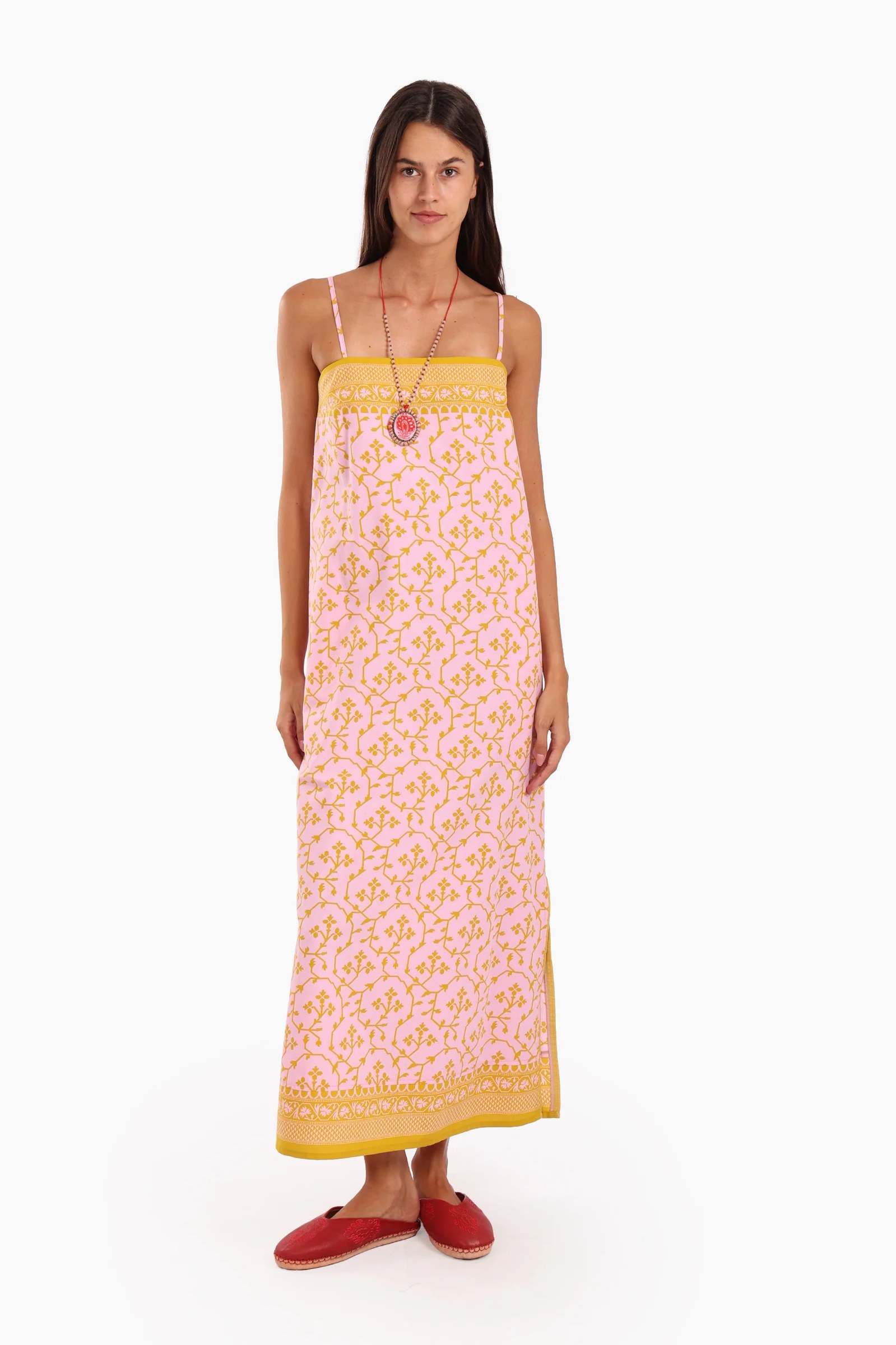 Sleeveless long dress in printed Egyptian cotton