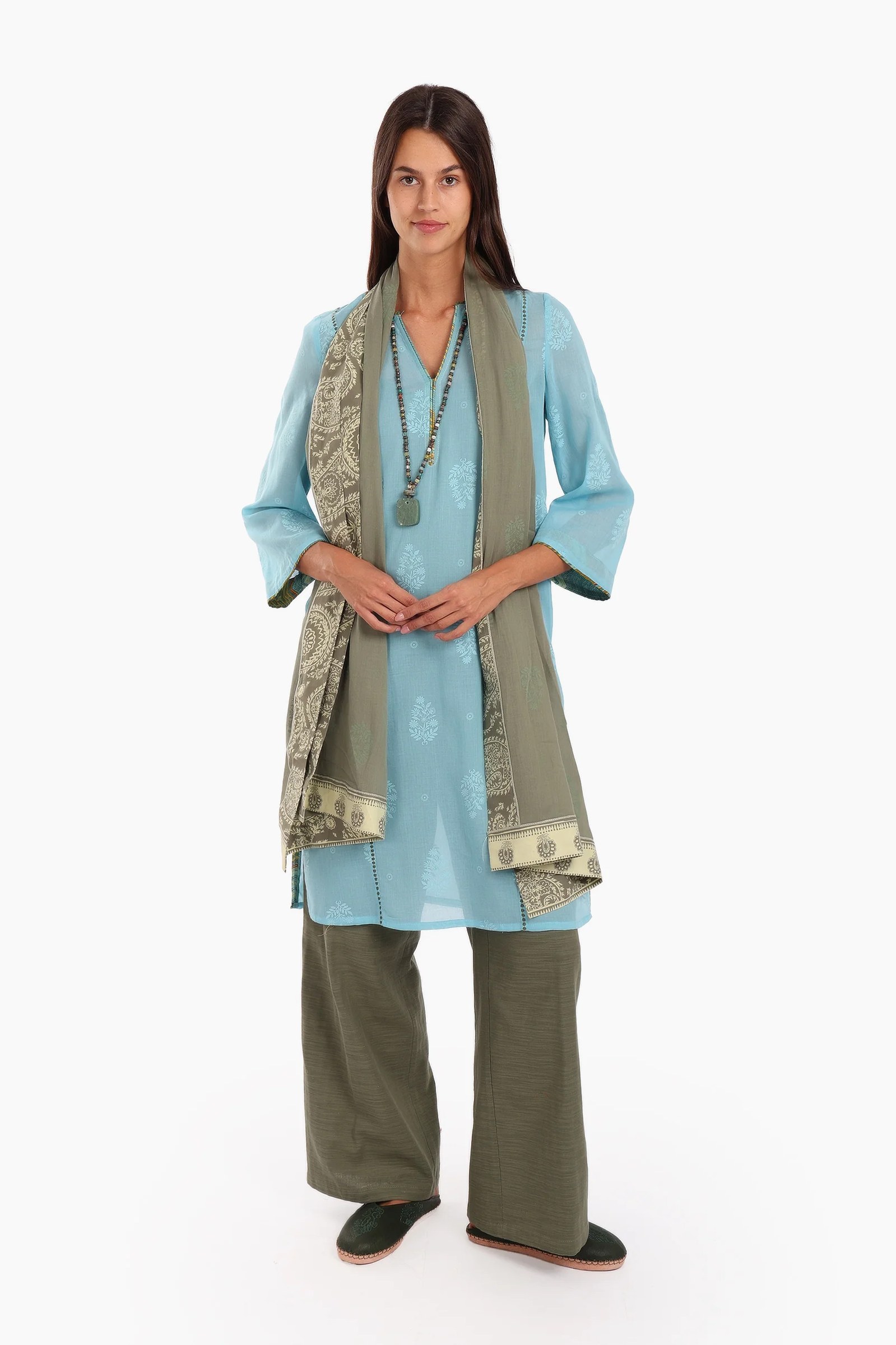 Embroidery tunic with contrast color piping in printed cotton voile