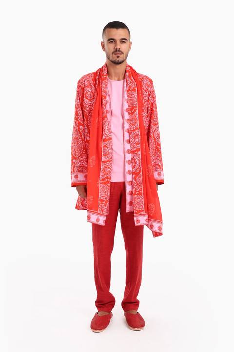 Long jacket in printed cotton with pockets