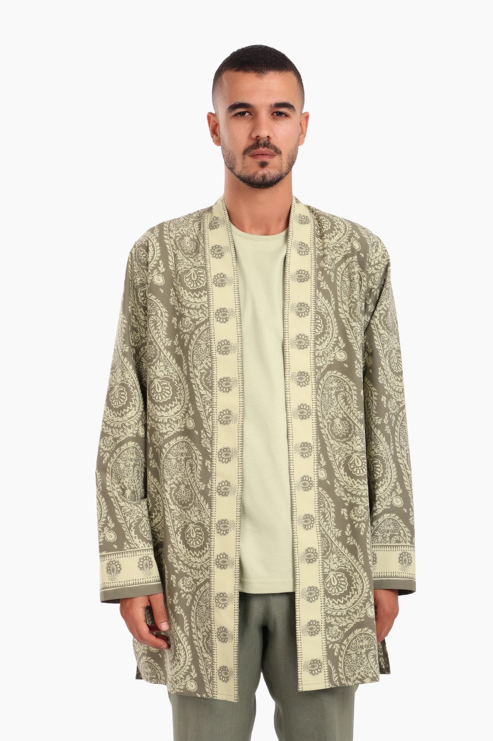 Long jacket in printed cotton with pockets
