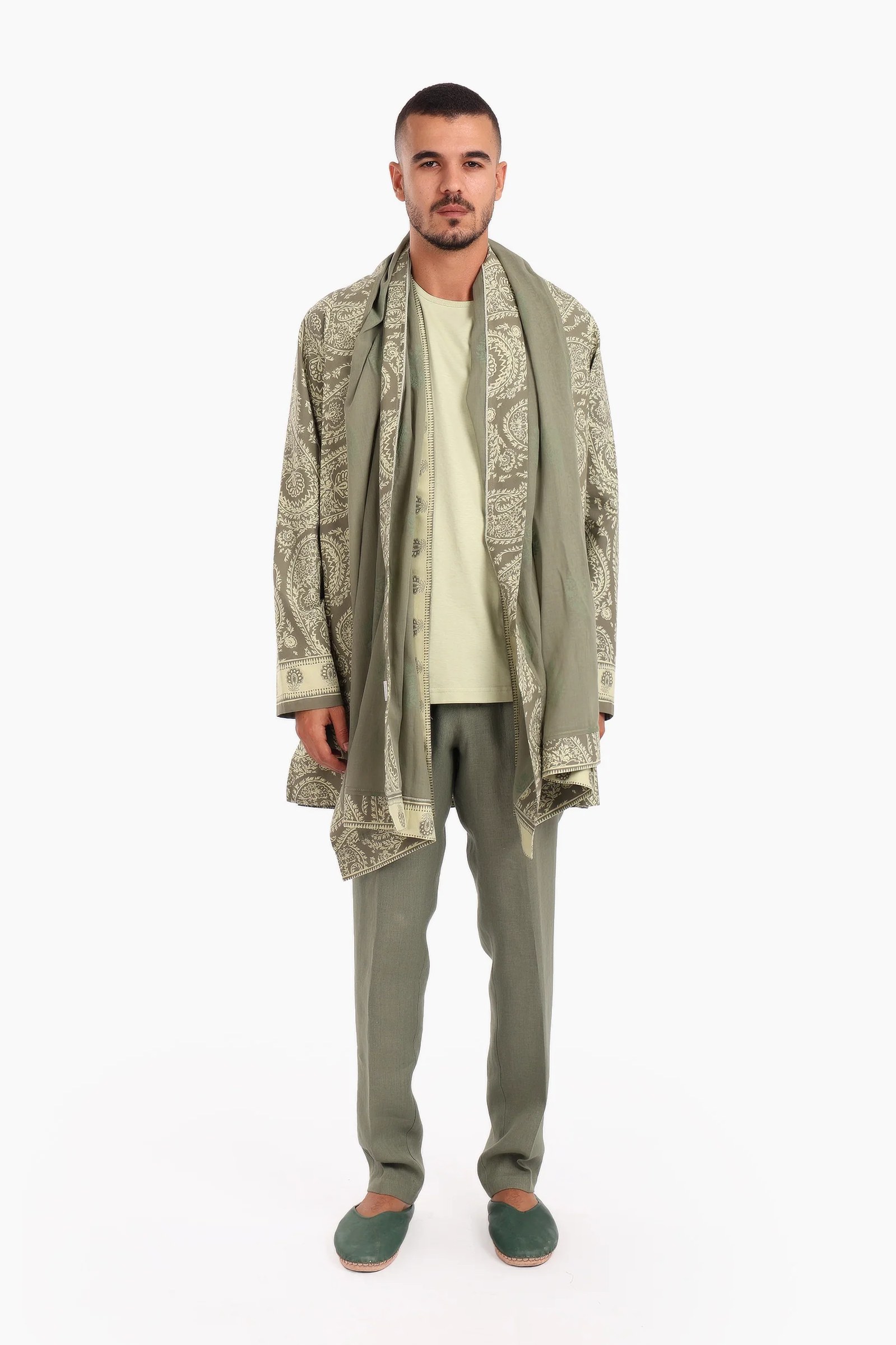 Long jacket in printed cotton with pockets