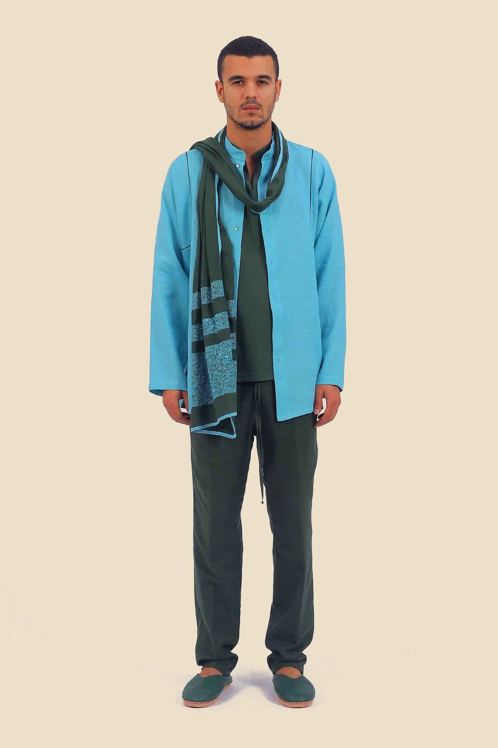 Embroidered linen shirt with button down and stand up collar