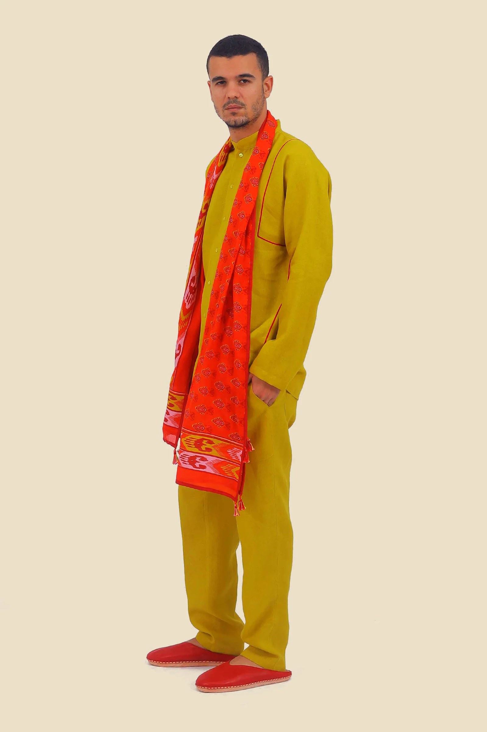 Embroidered linen shirt with button down and stand up collar