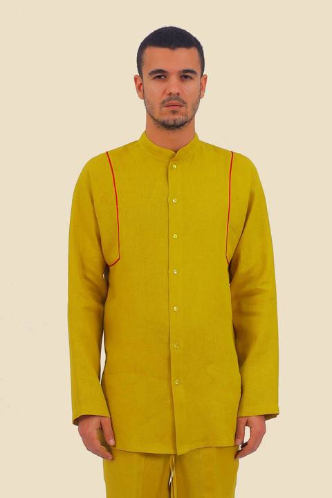 Embroidered linen shirt with button down and stand up collar