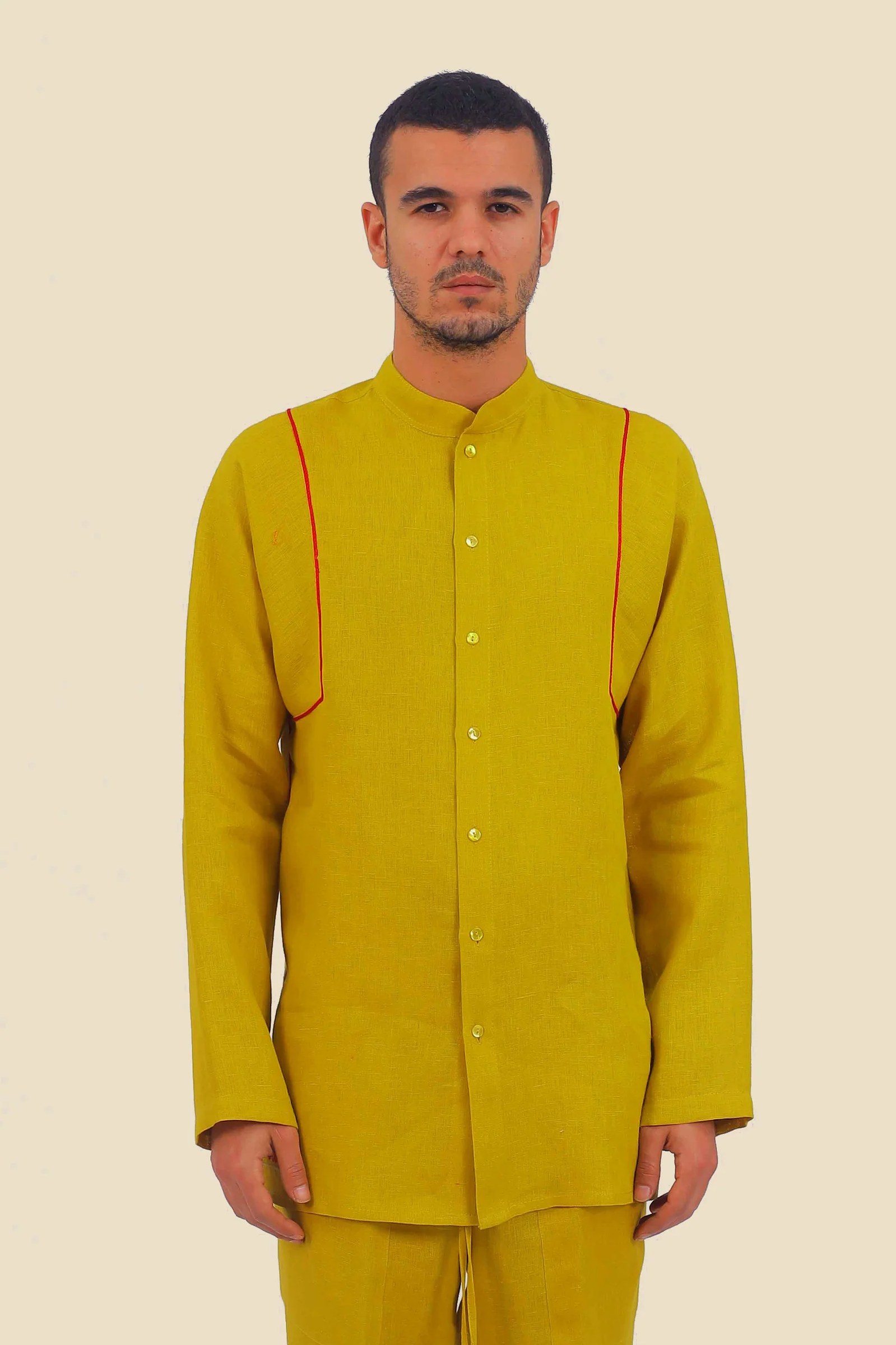 Embroidered linen shirt with button down and stand up collar