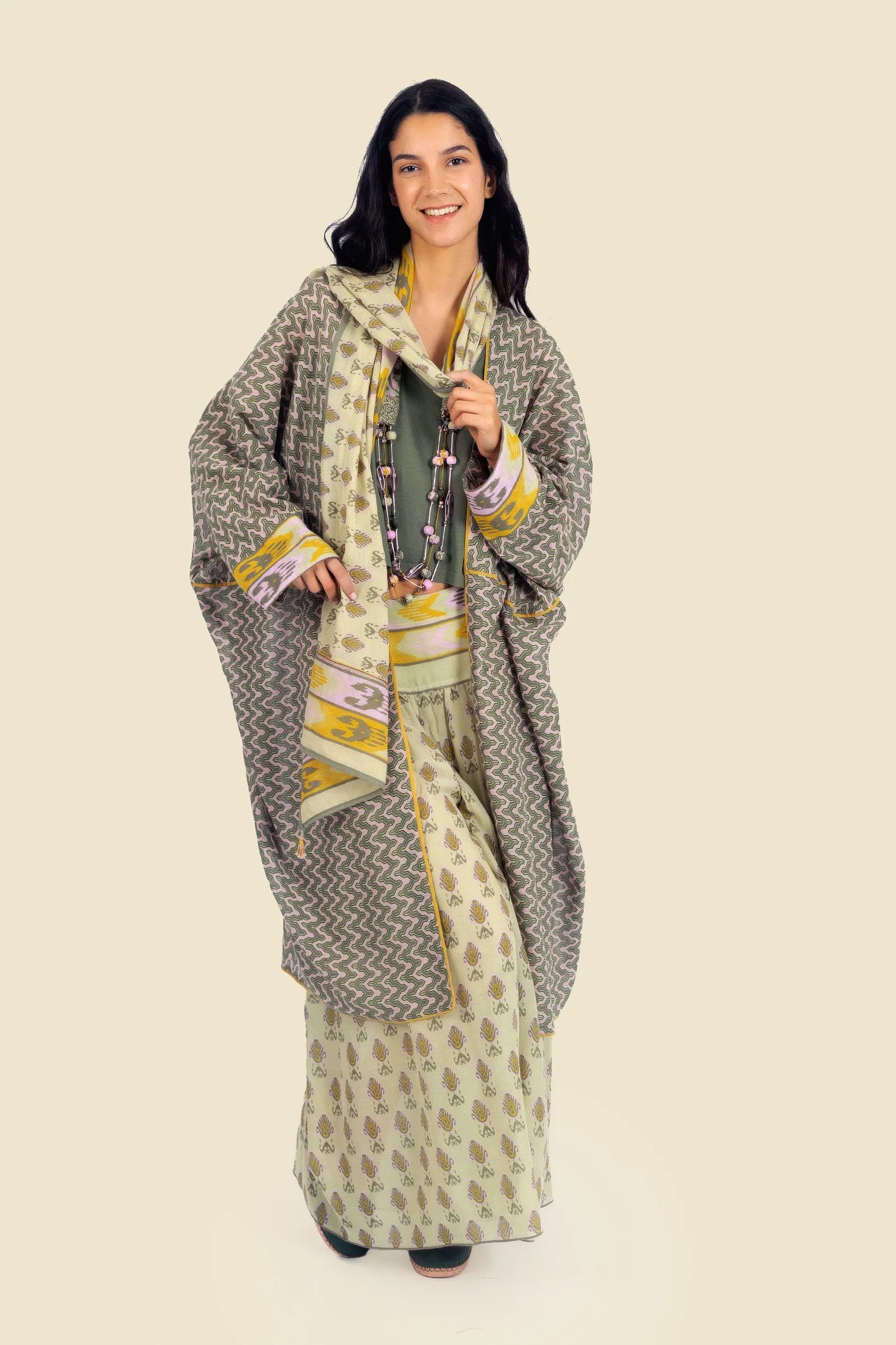 Coat in printed cotton gauze contrast color trims
