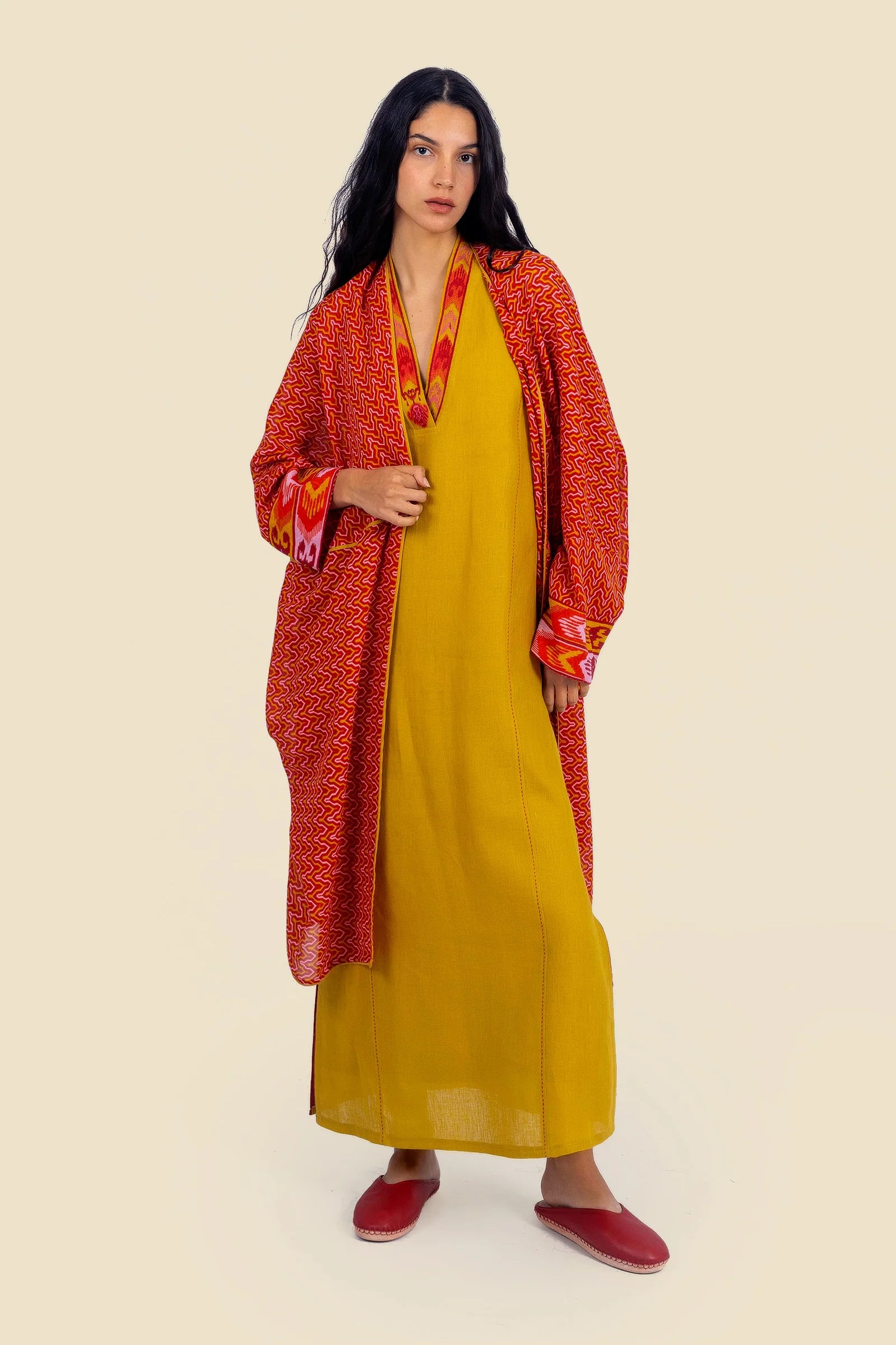 Coat in printed cotton gauze contrast color trims