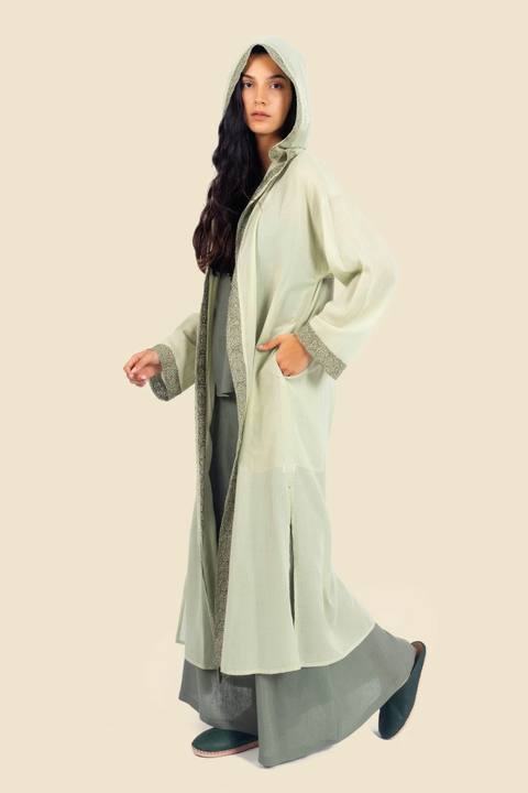 Embroidered long coat in cotton with hoodie