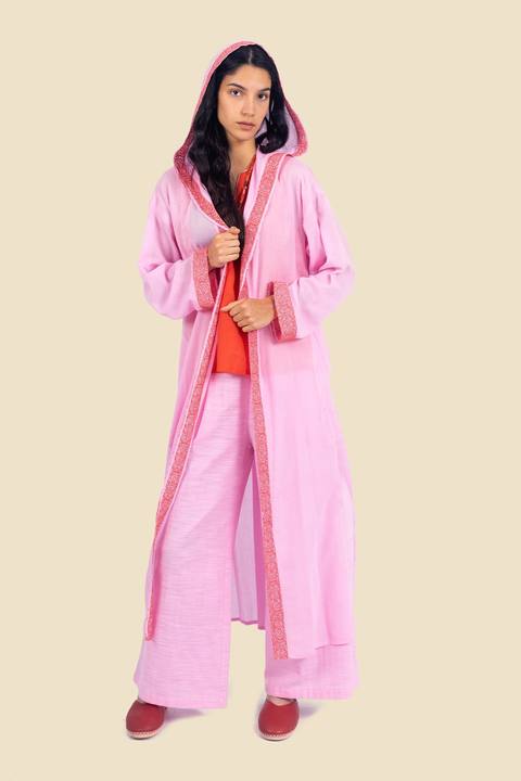 Embroidered long coat in cotton with hoodie