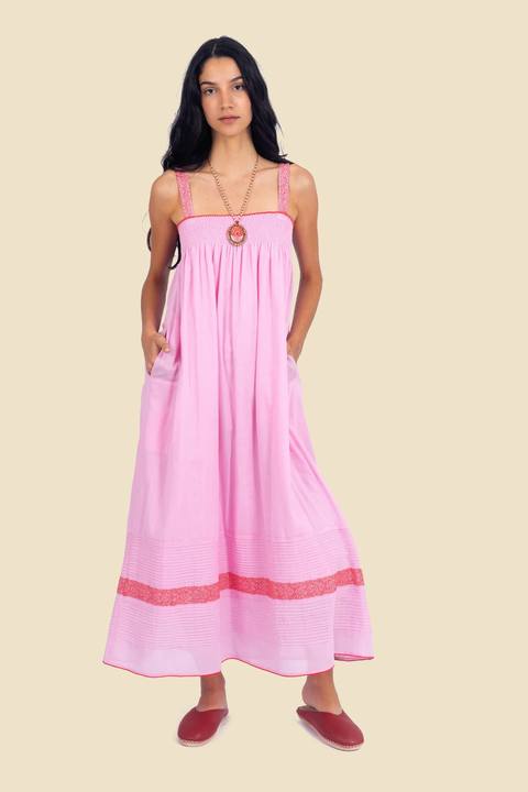 Long dress in cotton gauze with adjustable thin straps