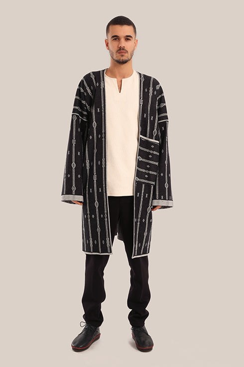 Long cotton blend jacquard patterned jacket