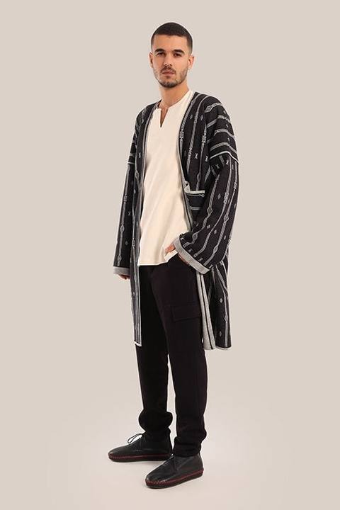 Long cotton blend jacquard patterned jacket