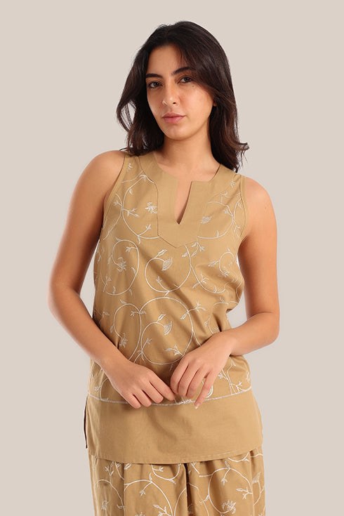 Embroidered cotton sleeveless top