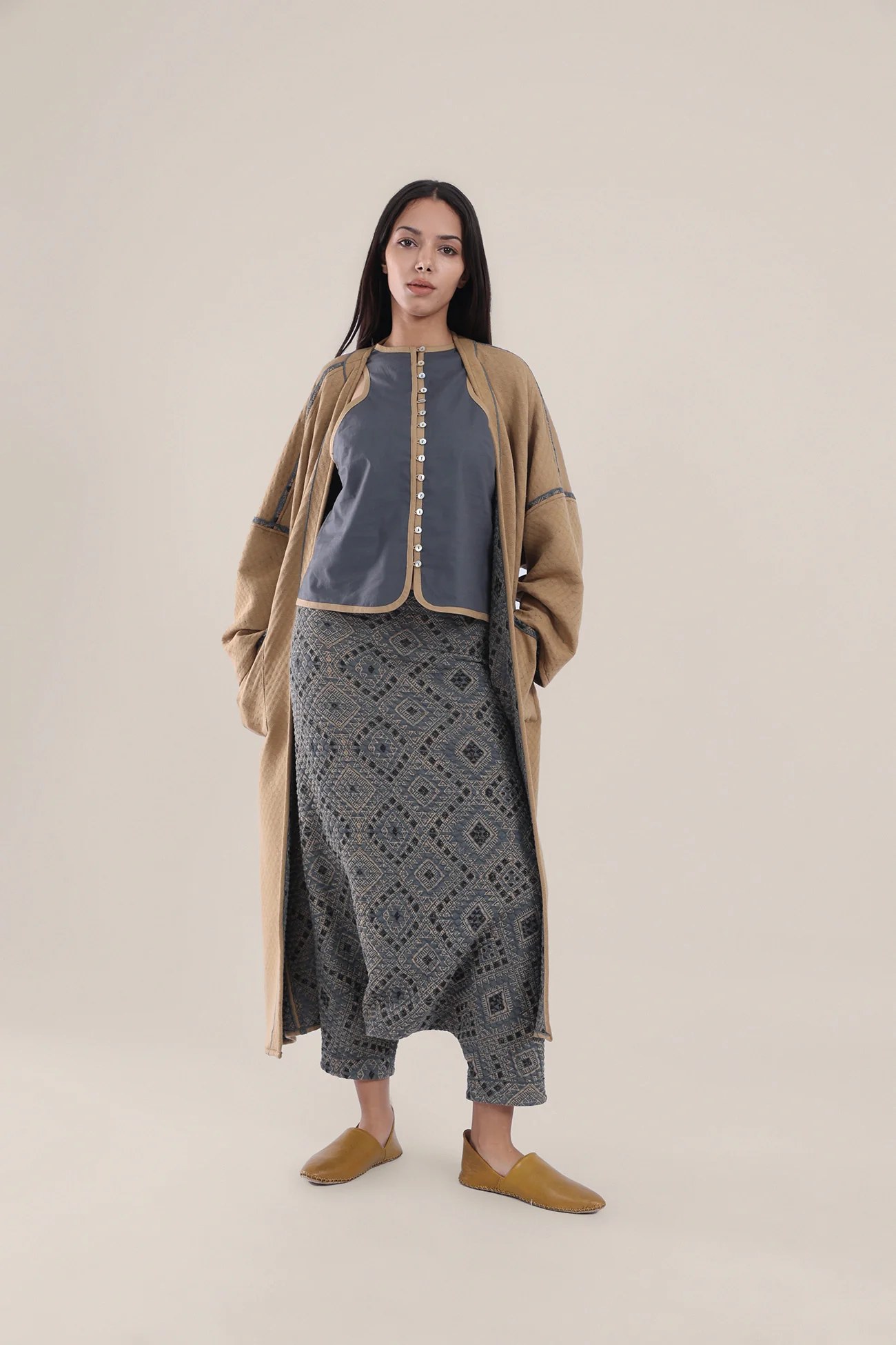 Harem pants in quilted printed cotton blend