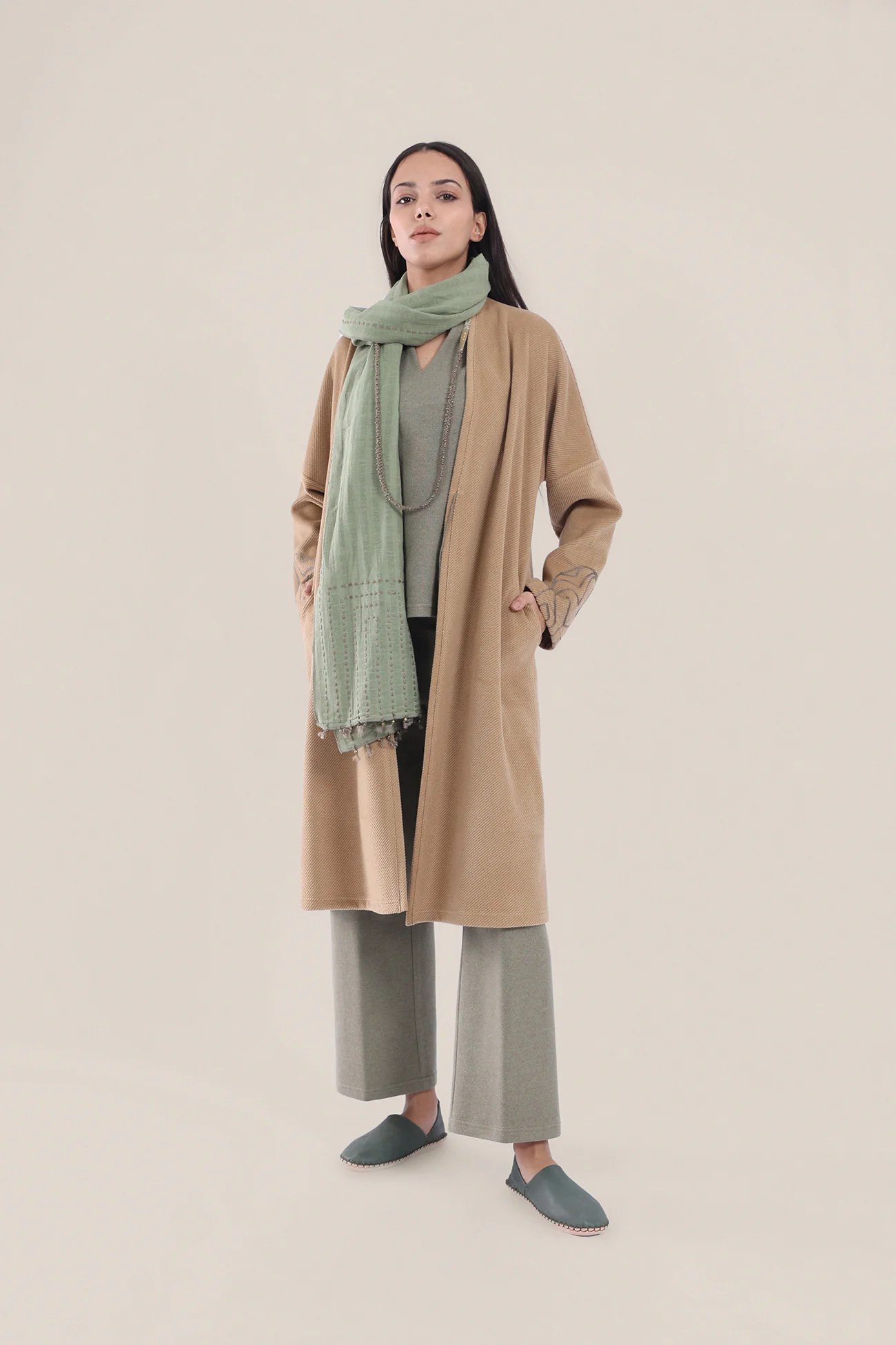 Embroidered short coat in wool blend