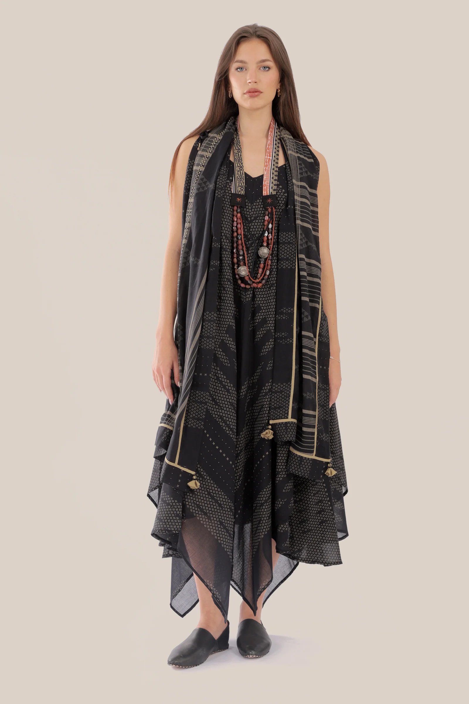 Printed cotton scarf with fabric tassels