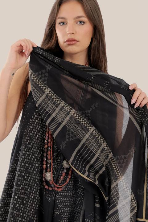 Printed cotton scarf with fabric tassels