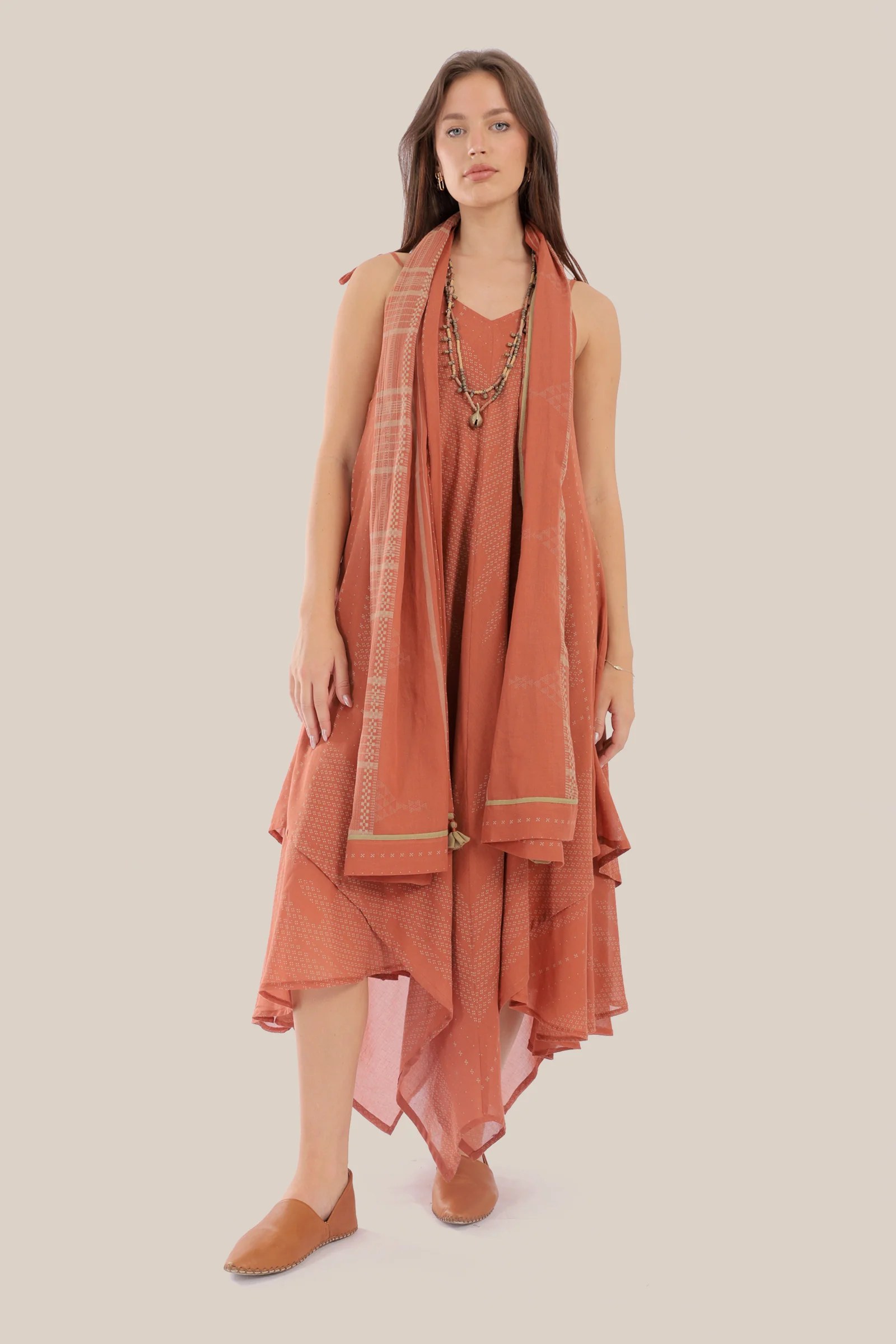 Printed cotton scarf with fabric tassels